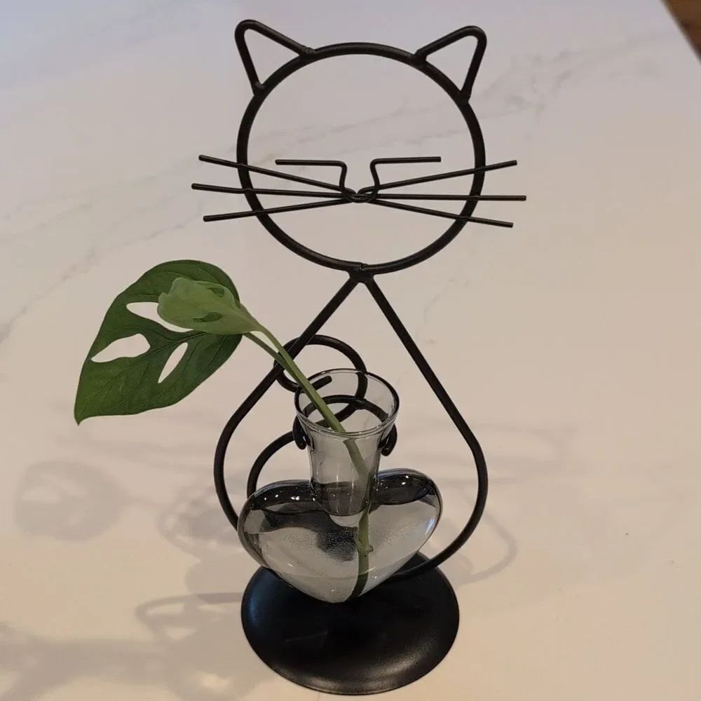 Black Wire Cat Hydroponic Desktop Smoky Glass Flower Vase Holder